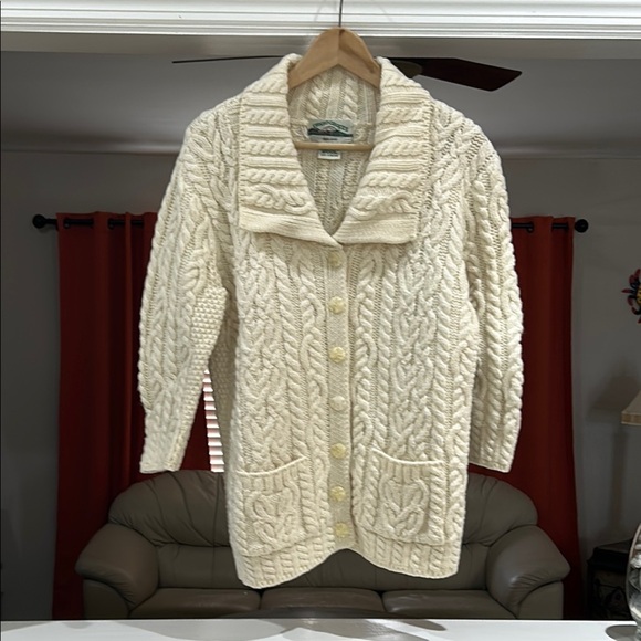Aran Crafts Ireland 100% Merino Wool Cardigan Cream Cable Knit Sweater Size S - Picture 1 of 4